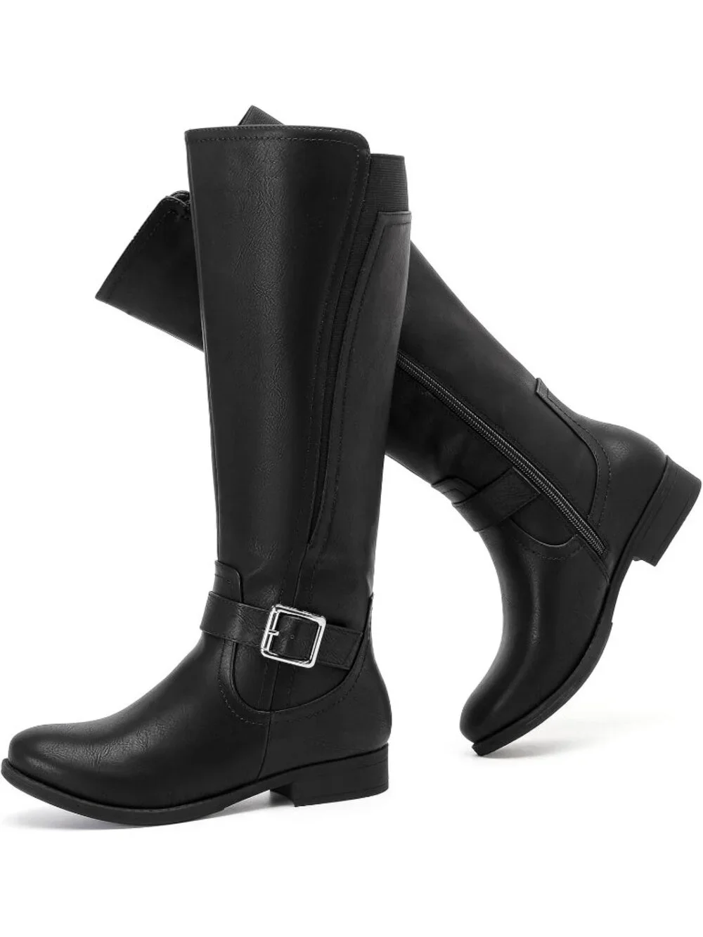 Women's Black Platform Slouchy Side Zipper Comfort Round Toe Knee High Boots